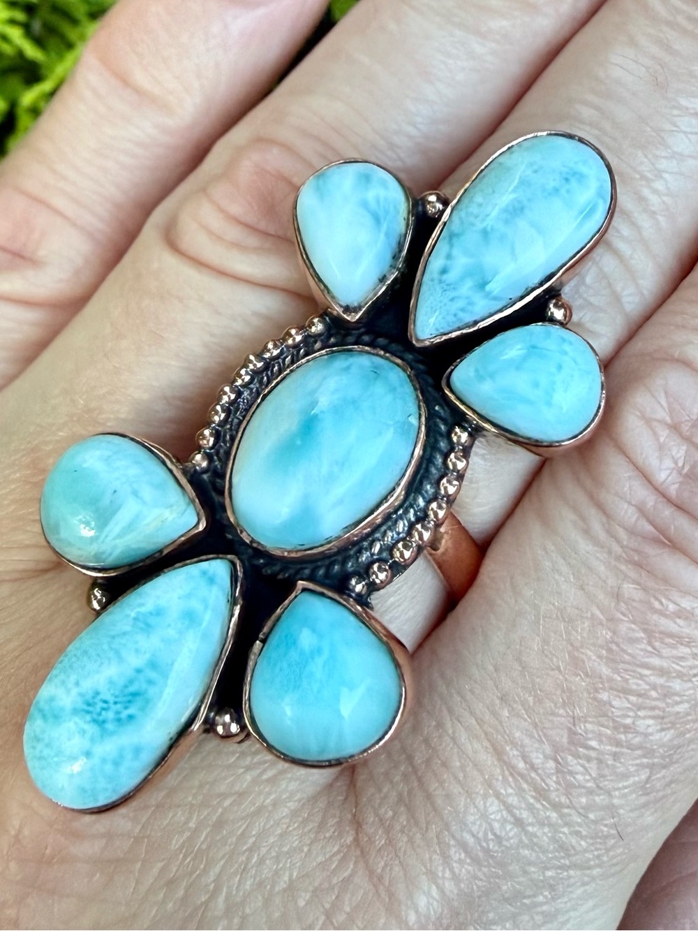 RL17 Genuine Dominican Larimar 3 Petal Giant CLOVER Cluster Rose Gold Tone Ring